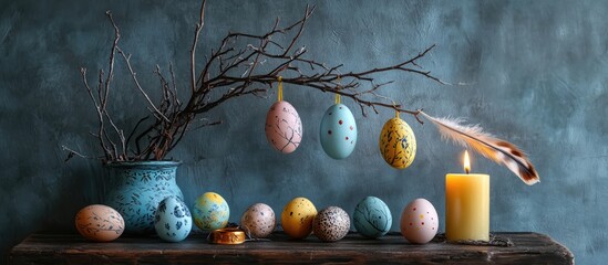 Aufkleber - Rustic Easter Still Life with Painted Eggs and Candle Decor on Wooden Table Featuring Natural Elements and Stylish Aesthetic Decor