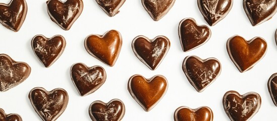 Poster - Chocolate heart-shaped sweets arranged aesthetically on a clean white background for festive or romantic celebrations.