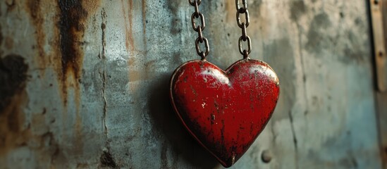 Poster - Rustic red metal heart hanging by chains against a weathered wall showcasing industrial charm and vintage aesthetics.