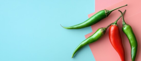 Poster - Vibrant green and red chili peppers beside pink paper on a light blue background in a close-up flat lay arrangement