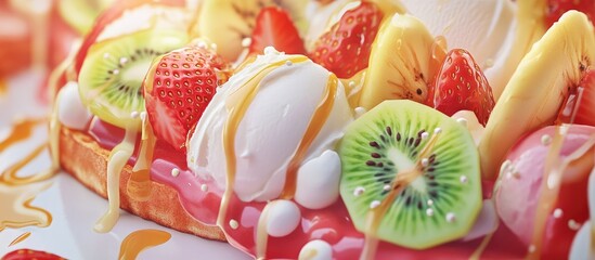 Poster - Honey butter toast dessert topped with vanilla ice cream fresh fruits banana strawberry kiwi and whipped cream close up delicious treat
