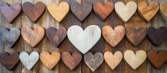Aufkleber - Wooden heart shapes arranged on a rustic wooden backdrop creating a romantic and cozy atmosphere for decor or design purposes