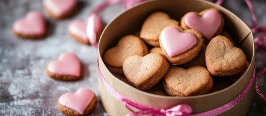Aufkleber - Heart shaped cookies in a round gift box with pink icing on rustic background perfect for Valentine's Day or special occasions