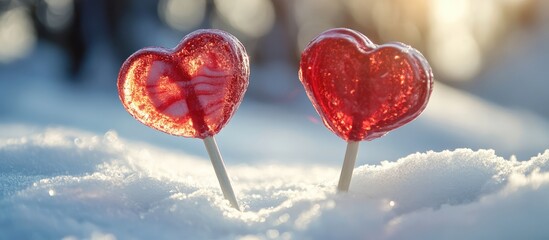 Poster - Heart shaped peppermint lollipops in fresh snow creating a festive winter scene with a warm glow in the background