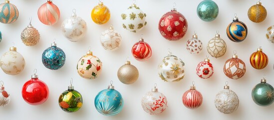 Aufkleber - Colorful holiday decorations arranged aesthetically on a white background creating a festive and cheerful wallpaper backdrop.