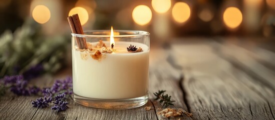 Poster - Cozy handmade soy candle in elegant glass cup with wooden wick and floral decorations creating a warm atmosphere for any home setting
