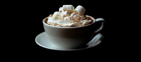 Poster - Delicious hot chocolate with marshmallows in a cup isolated on a black background showcasing indulgent winter warmth and comfort.