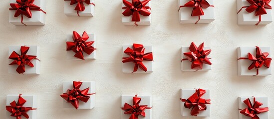 Aufkleber - Holiday gift boxes wrapped in craft paper featuring red bows arranged decoratively on a soft white wooden surface for festive celebrations.