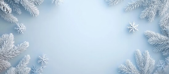 Poster - Winter holiday decor with snowflakes and frosted pine branches creating a festive greeting card background with empty space for messages.