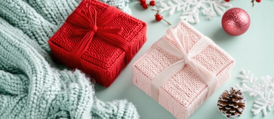 Poster - Festive gift boxes in red and pink on a soft mint background with holiday decor showcasing cozy winter vibes and seasonal joy