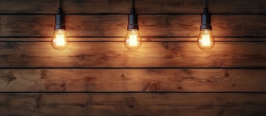 Aufkleber - Rustic wooden backdrop with three hanging light bulbs ideal for mockup presentations or promotional designs