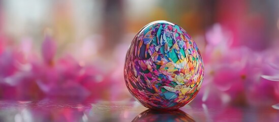 Aufkleber - Vibrant Close-Up of Artistic Easter Egg Surrounded by Delicate Pink Flowers Celebrating the Beauty of Springtime