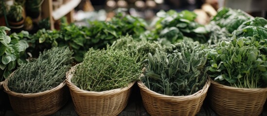 Poster - Freshly harvested herbs displayed in woven baskets at a vibrant outdoor marketplace showcasing organic produce and healthy lifestyle choices.