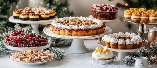 Aufkleber - Festive Table of Assorted Holiday Desserts and Baked Treats Surrounded by Holiday Decor