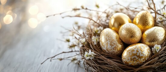 Aufkleber - Happy Easter background banner showcasing golden Easter eggs nestled in a natural nest on a rustic white wooden table for holiday greetings