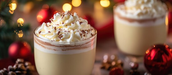 Poster - Festive Homemade White Hot Chocolate with Creamy Topping and Holiday Decorations