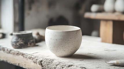 Poster - Handcrafted porcelain cup displayed on rustic wooden table in artisan workshop setting