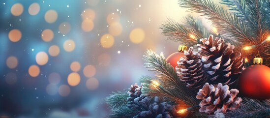 Aufkleber - New Year Celebration Background with Fir Tree Pine Cones Decorations and Bokeh Lights Holiday Spirit Concept