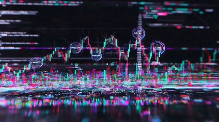 Poster - Futuristic market display with holographic agreement symbols and a glitchy tech style cityscape backdrop representing the volatility and uncertainty of financial data and trading