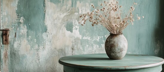 Poster - Cozy home interior with rustic vase of dried flowers on a green table against textured wall creating a warm inviting atmosphere