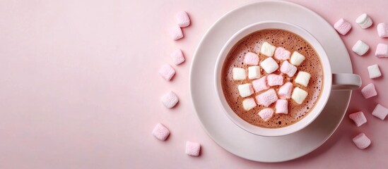Poster - Delicious hot cocoa topped with colorful marshmallows elegantly arranged on a pastel pink surface for a cozy winter vibe.