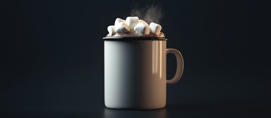 Poster - Hot chocolate with marshmallows in a steaming mug against a dark background perfect for cozy winter themes and food photography.