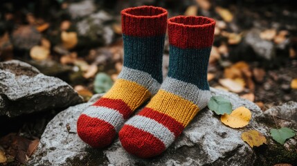 Poster - Colorful handmade woolen socks displayed on a rock surrounded by autumn leaves showcasing craftsmanship and cozy winter fashion.