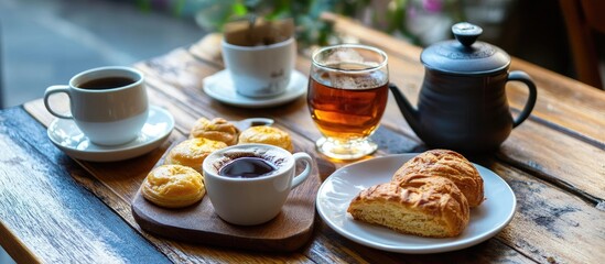 Poster - Cozy breakfast setup featuring hot coffee, tea, and delicious pastries on a rustic wooden table