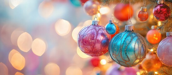 Poster - Colorful holiday ornaments hanging on a Christmas tree with a blurred background creating a festive atmosphere for seasonal celebrations