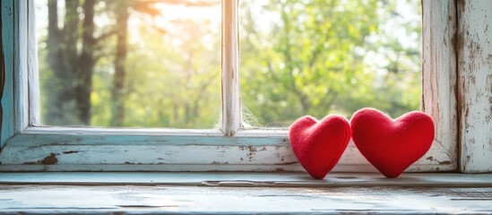 Aufkleber - Shabby chic home interior with two red hearts on a wooden table and a scenic window view featuring lush trees in natural light