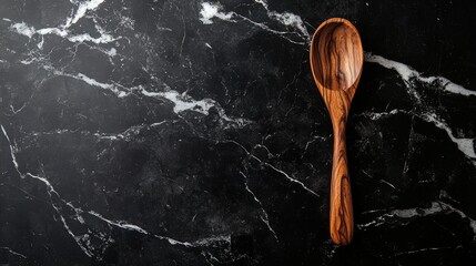 Poster - Handcrafted wooden spoon on elegant black marble backdrop showcasing artisanal craftsmanship and natural materials in kitchen decor