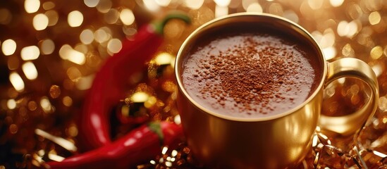 Poster - Spicy hot chocolate with chili pepper and cinnamon on a festive tinsel backdrop in a luxurious gold cup close up shot