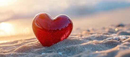 Aufkleber - Red Heart Shaped Object Resting on Sandy Beach with Gentle Waves in Background During Sunset
