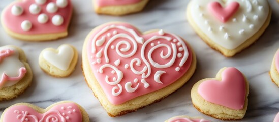 Aufkleber - Homemade heart-shaped sugar cookies decorated with vibrant red pink and white icing designs on a marble surface.