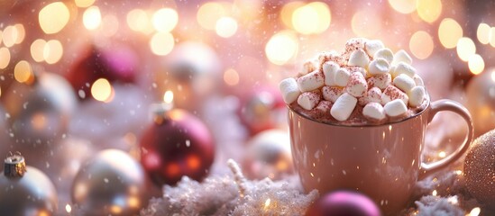 Poster - Cozy hot chocolate with marshmallows surrounded by festive Christmas ornaments and soft bokeh lights for a warm holiday atmosphere