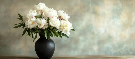 Poster - Hello Spring handwritten message on stylish bouquet of white peonies in black clay vase against rustic backdrop creating a charming still life