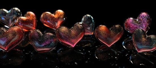 Poster - Elegant holographic candy hearts artistically arranged on a sleek black background showcasing love and romance in a captivating display