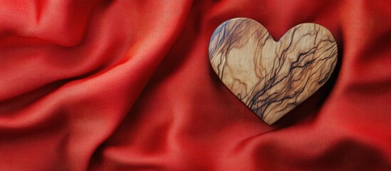 Aufkleber - Heart-shaped carved wooden decoration on elegant red satin fabric background for romantic themes and artistic concepts.