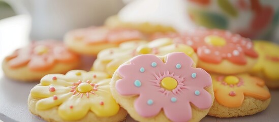 Poster - Decoratively iced flower-shaped cookies with soft focus on a plate in a cozy home setting.