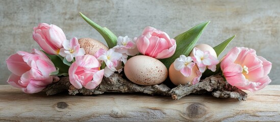 Aufkleber - Chic Easter Arrangement with Pink Tulips and Natural Eggs on a Rustic Wooden Surface for Spring Celebrations and Festive Decor