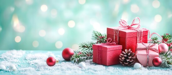 Aufkleber - Festive red and pink gift boxes adorned with ribbons on a mint backdrop with pine cones and holiday ornaments creating a cheerful atmosphere