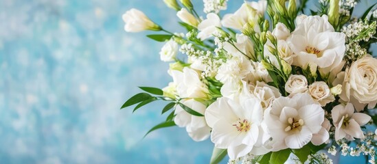 Poster - Elegant white flower bouquet with greenery on a tranquil blue background perfect for holiday celebrations and floral arrangements.