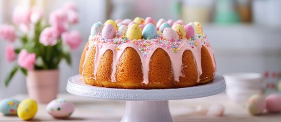 Poster - Colorful homemade Easter cake decorated with pastel eggs and vibrant sprinkles on a cake stand with spring flowers in the background