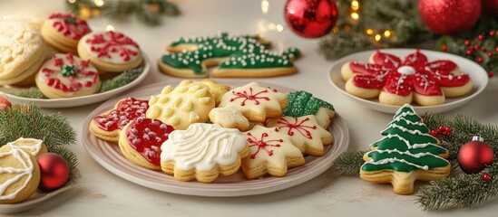 Poster - Festive Holiday Cookies Display with Colorful Frosting and Ornaments on a Bright Table Setting Emphasizing Seasonal Cheer