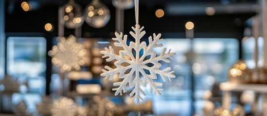 Aufkleber - Winter holiday decoration featuring a snowflake hanging in a shop display with bokeh lights creating a festive atmosphere and depth of field.