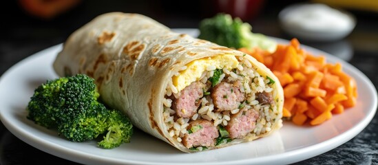 Poster - Heart-shaped wrap with pink sausage cheese fried jasmine rice pork and egg served with carrots and broccoli on a white plate