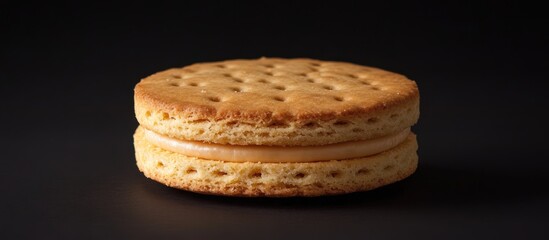 Poster - Delicious round sandwich biscuit with creamy filling on a dark background perfect for holiday treats and festive snacking ideas