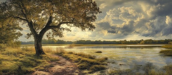 Poster - Serene landscape with a tree by a tranquil lake under a dramatic sky capturing the essence of nature's beauty and peacefulness