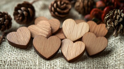 Aufkleber - Handcrafted wooden hearts surrounded by natural elements on burlap background for rustic decor and romantic themes
