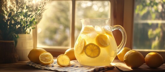 Poster - Refreshing homemade lemonade in a glass pitcher with fresh lemons on a table by a sunlit window in a cozy interior setting